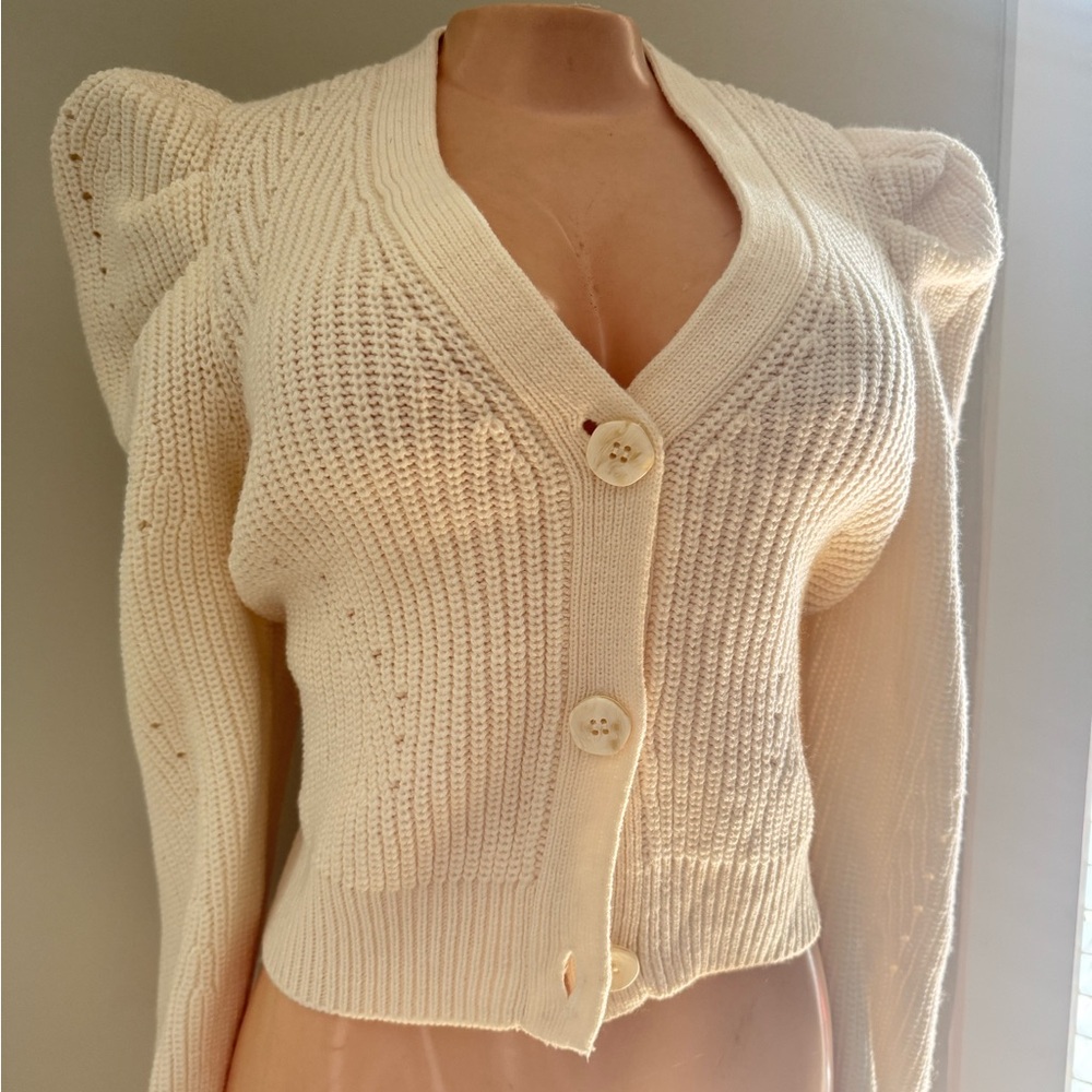 Marc New York Cream Cropped Cardigan with Puff Shoulders